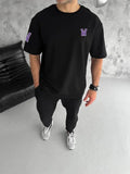 Unisex Bisiklet Yaka Baskılı Oversize T-Shirt - Siyah (180598)