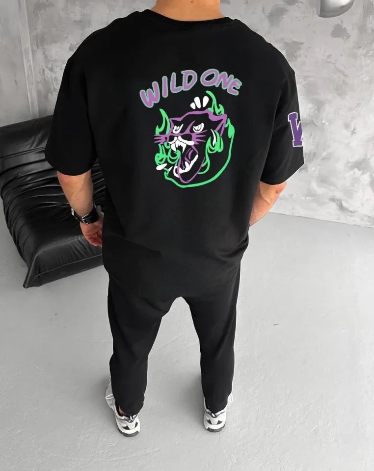 Unisex Bisiklet Yaka Baskılı Oversize T-Shirt - Siyah (180598)