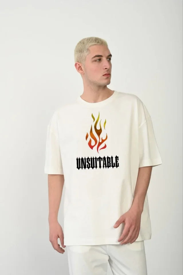 Unisex Bisiklet Yaka Baskılı Oversize T-Shirt - Beyaz (180604)
