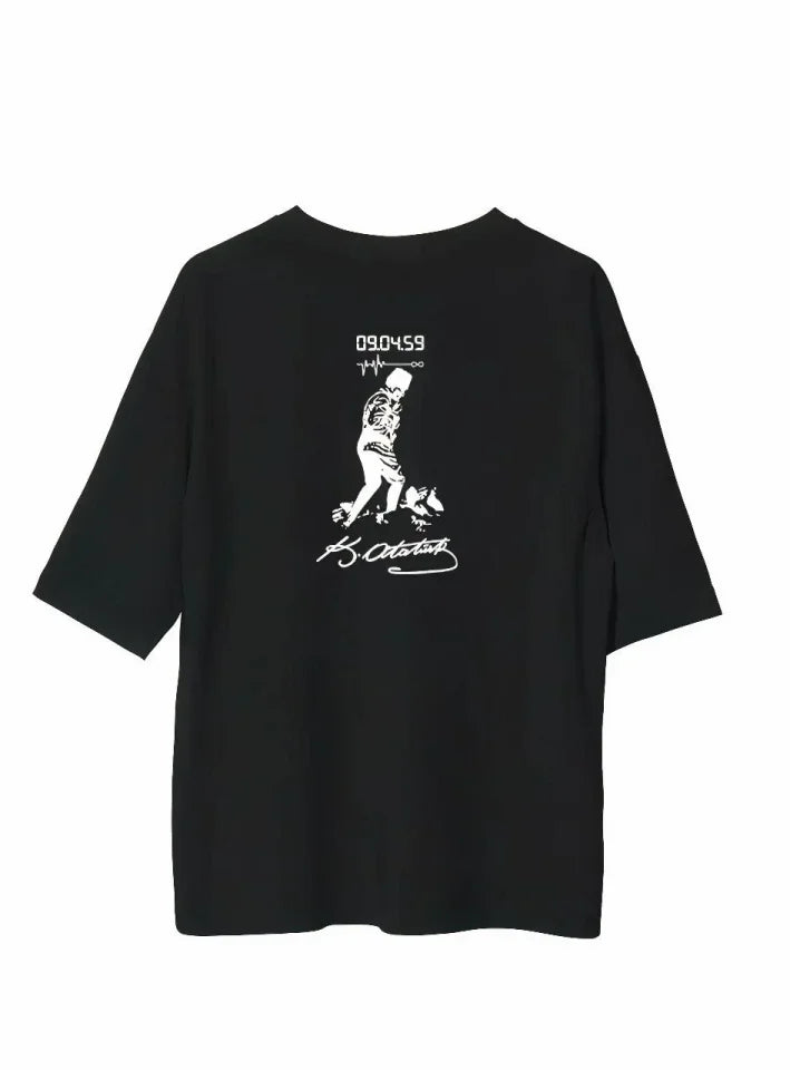 Unisex Bisiklet Yaka Baskılı Oversize T-Shirt - Siyah (180605)