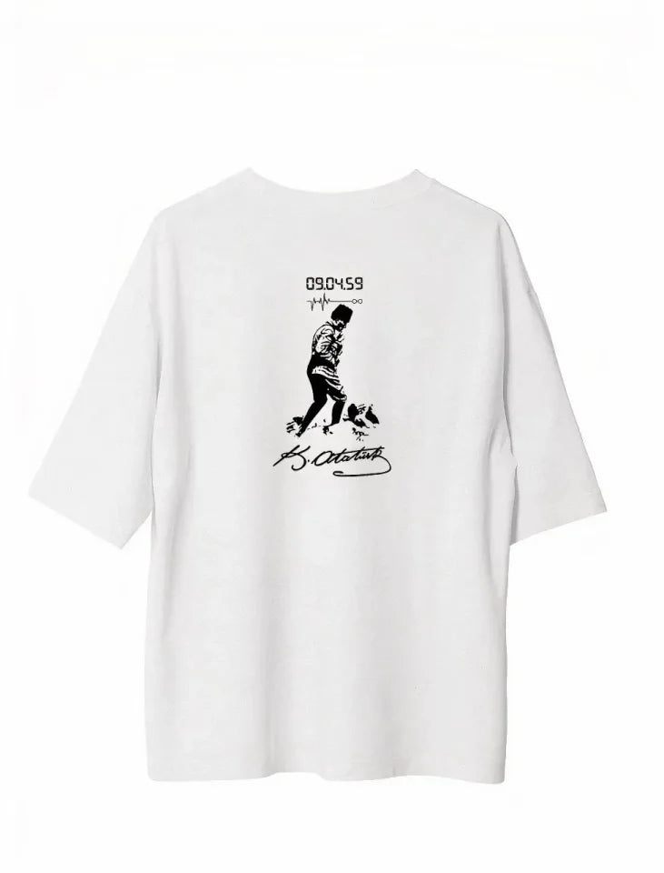Unisex Bisiklet Yaka Baskılı Oversize T-Shirt - Beyaz (180606)