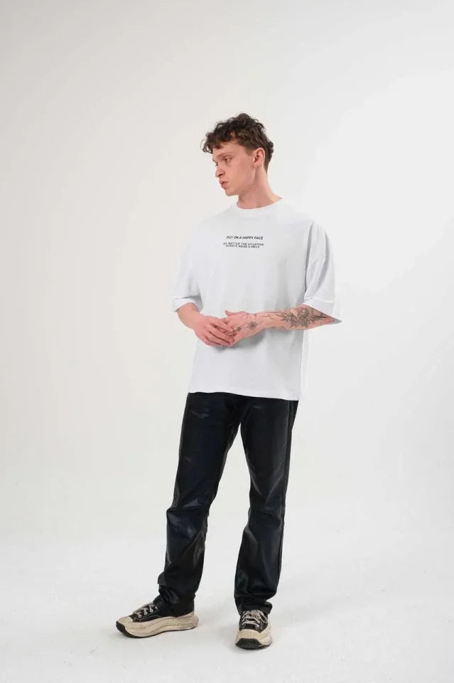 Unisex Bisiklet Yaka Baskılı Oversize T-Shirt - Beyaz (180614)