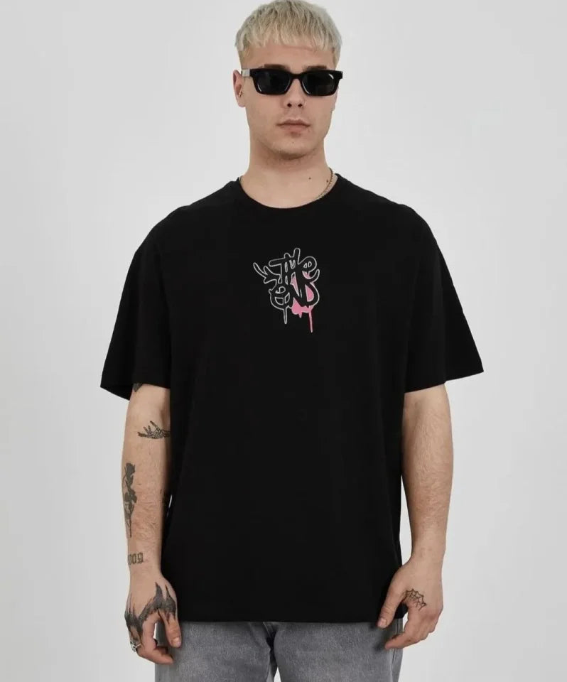 Unisex Bisiklet Yaka Baskılı Oversize T-Shirt - Siyah (180616)