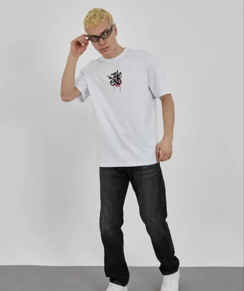 Unisex Bisiklet Yaka Baskılı Oversize T-Shirt - Beyaz (180617)
