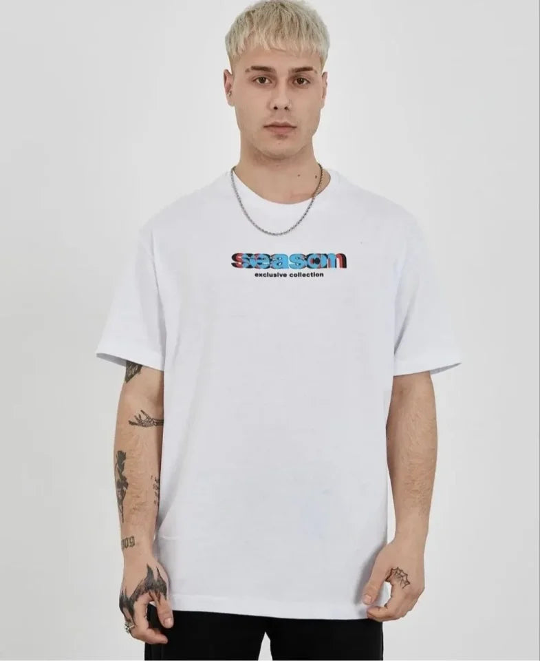 Unisex Bisiklet Yaka Baskılı Oversize T-Shirt - Beyaz (180621)