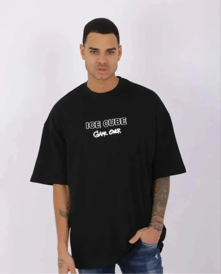 Unisex Bisiklet Yaka Baskılı Oversize T-Shirt - Siyah (180622)