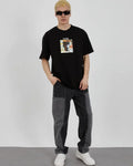 Unisex Bisiklet Yaka Baskılı Oversize T-Shirt - Siyah (180624)
