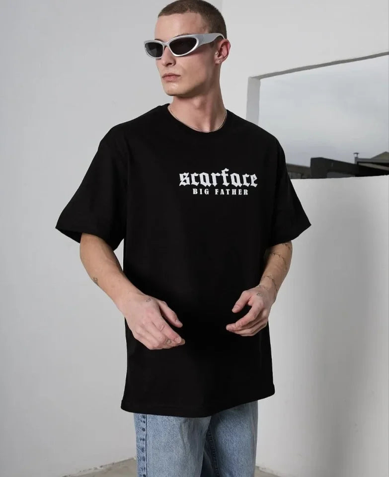 Unisex Bisiklet Yaka Baskılı Oversize T-Shirt - Siyah (180627)