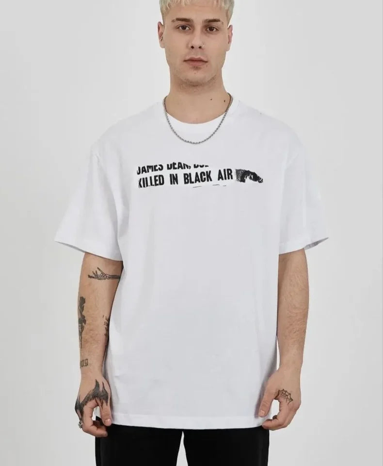 Unisex Bisiklet Yaka Baskılı Oversize T-Shirt - Beyaz (180630)