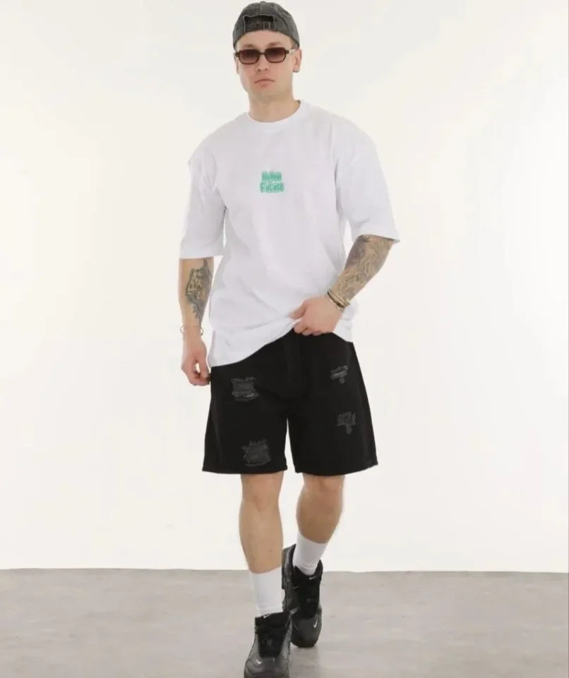Unisex Bisiklet Yaka Baskılı Oversize T-Shirt - Beyaz (180632)