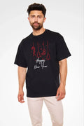 Unisex Bisiklet Yaka Baskılı Oversize T-Shirt - Siyah (180635)