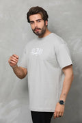 Unisex Bisiklet Yaka Baskılı Oversize T-Shirt - Gri (180641)