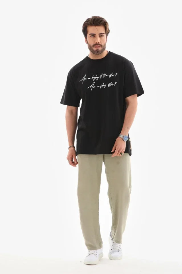 Unisex Bisiklet Yaka Baskılı Oversize T-Shirt - Siyah (180644)