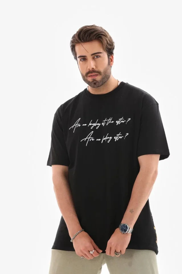 Unisex Bisiklet Yaka Baskılı Oversize T-Shirt - Siyah (180644)
