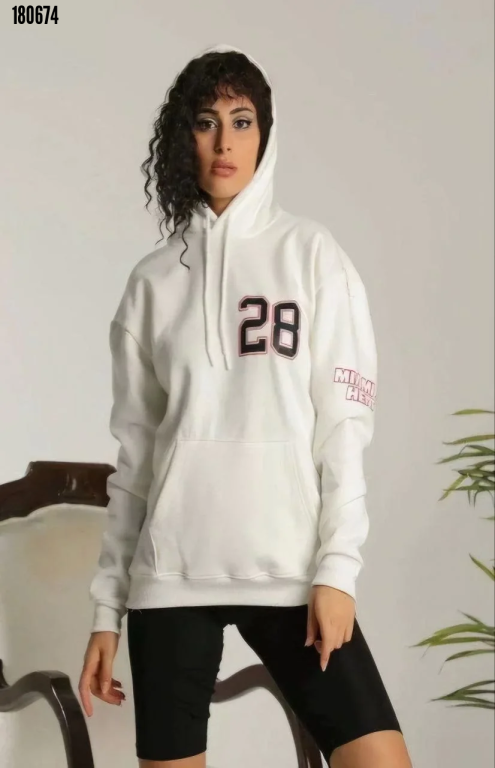 Unisex Kapşonlu Baskılı Sweetshirt Beyaz