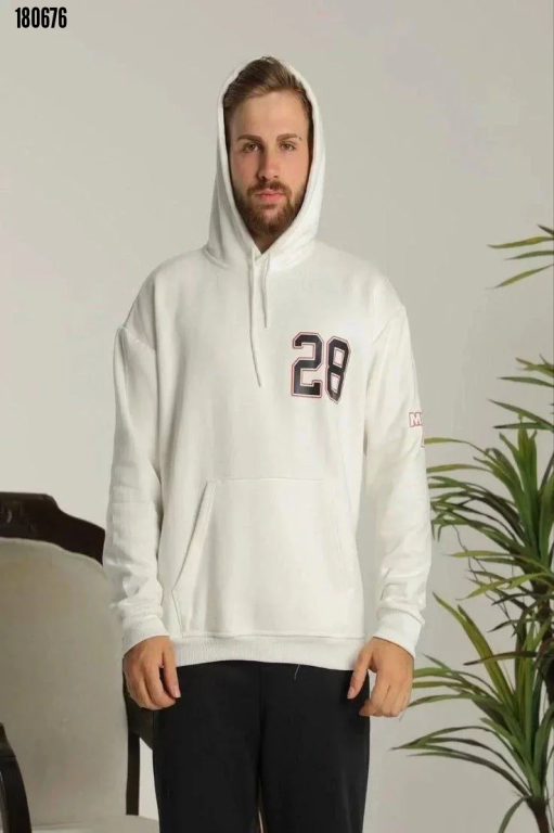 Unisex Kapşonlu Baskılı Sweetshirt Beyaz