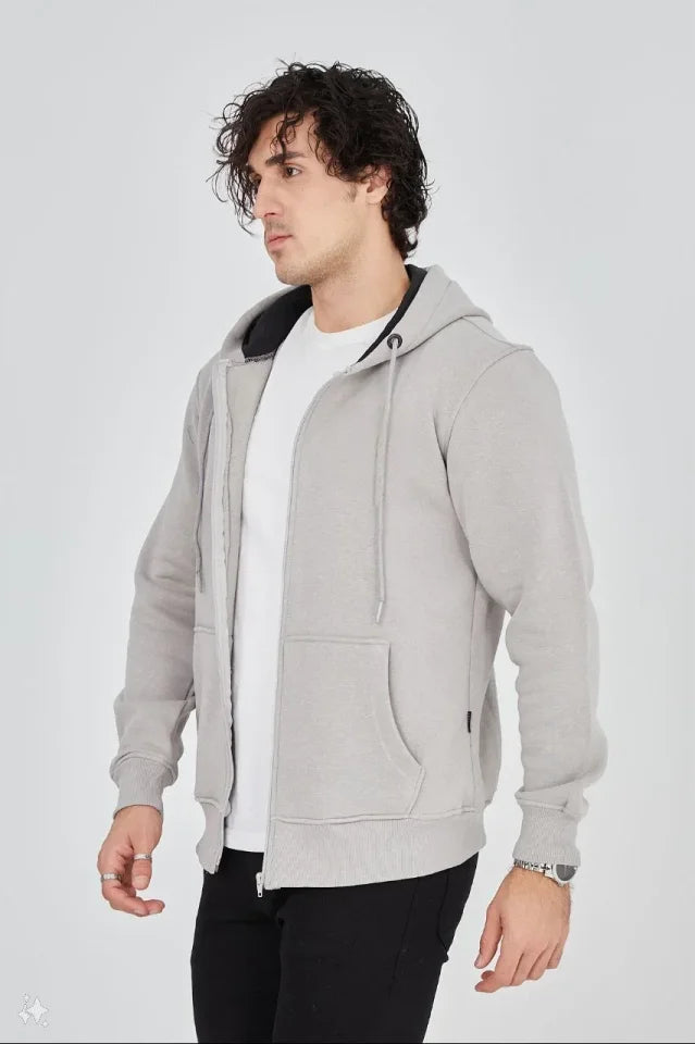 Unisex Tam Fermuarlı Kapşonlu  SweatShirt - Boyalı Gri (180677)