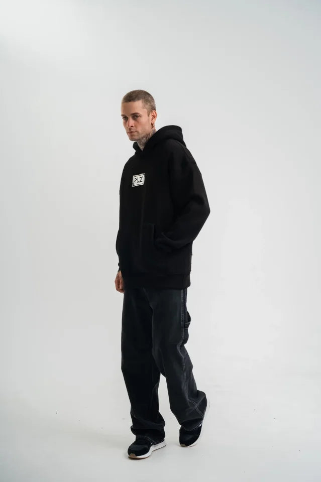 Unisex Kapşonlu Uzun Kol Patchli Nakışlı SweatShirt - Siyah (180760)