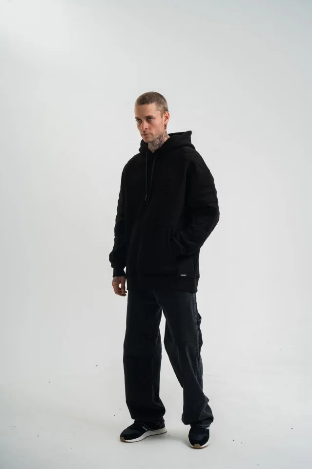 Double Oversize Kapşonlu Nakışlı SweatShirt - Siyah (180762)