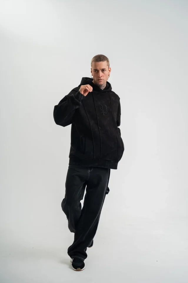 Unisex Uzun Kol Kapşonlu Yıkamalı Nakışlı SweatShirt - Siyah (180769)