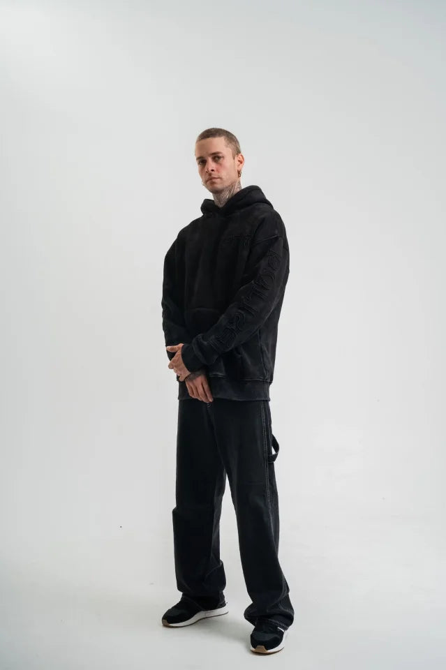 Unisex Uzun Kol Kapşonlu Yıkamalı Nakışlı SweatShirt - Siyah (180769)