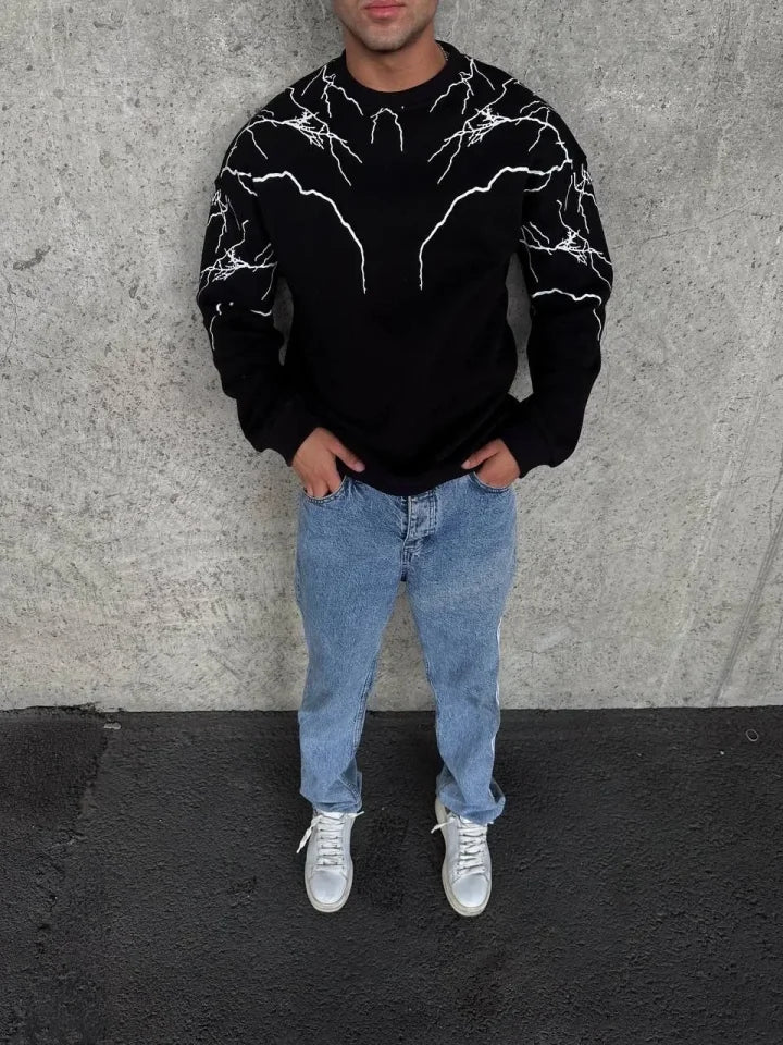 Yıldırım Baskılı Bisiklet Yaka SweatShirt - Siyah (180836)