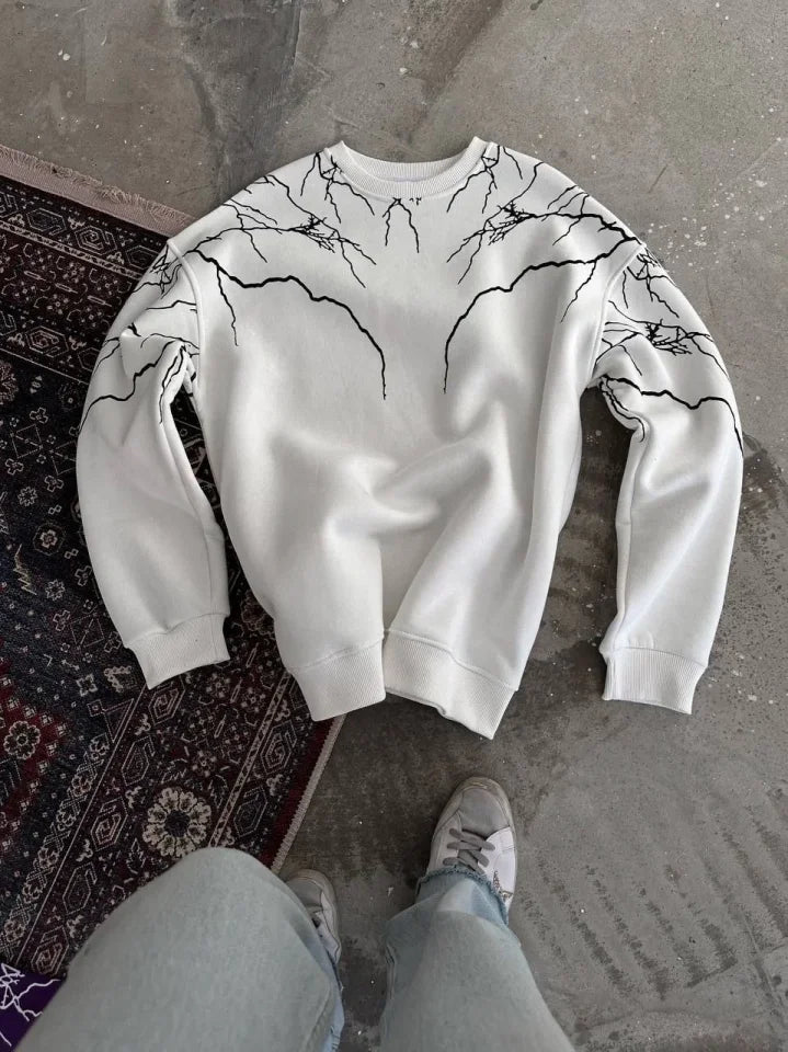Yıldırım Baskılı Bisiklet Yaka SweatShirt - Beyaz (180837)