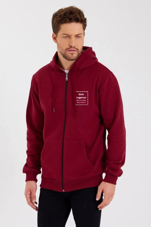 Unisex Tam Fermuarlı Kapşonlu Özel Tasarım SweatShirt - Bordo (180840)
