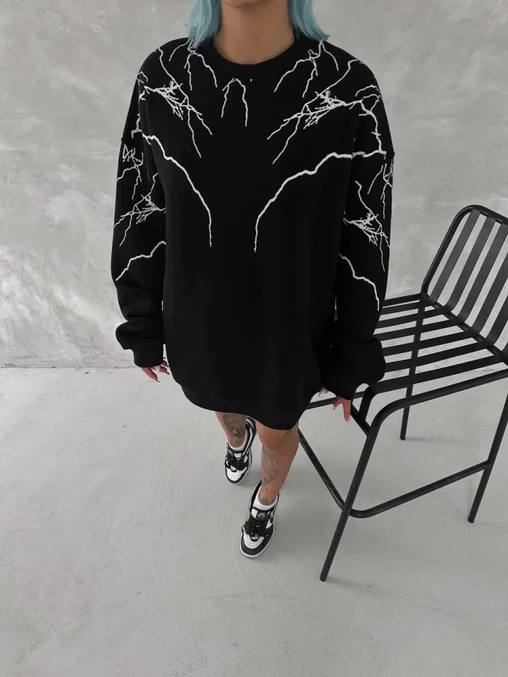 Yıldırım Baskılı Bisiklet Yaka SweatShirt - Siyah (181293)