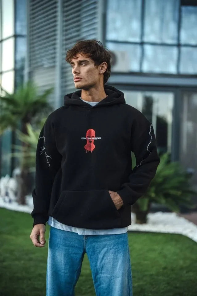 Üç İplik Kapüşonlu Baskılı Oversize SweatShirt- Siyah (181294)