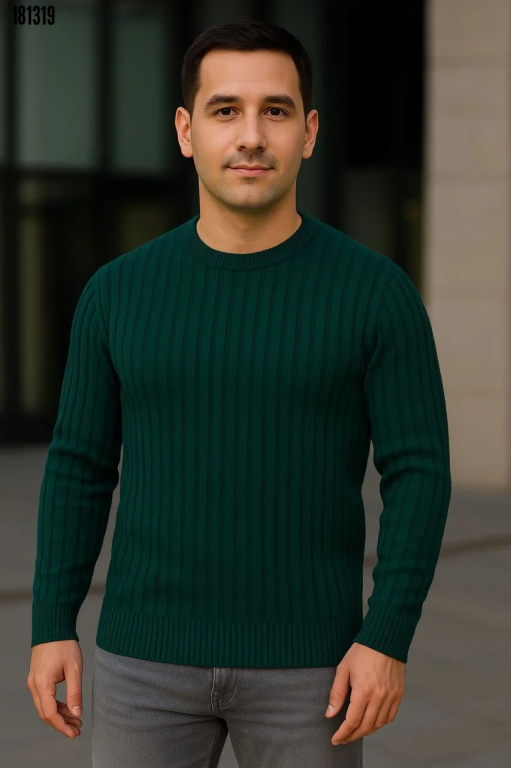 Erkek Fitilli Triko Kazak 3lü Set Gri Haki Siyah Regular Fit Bisiklet Yaka