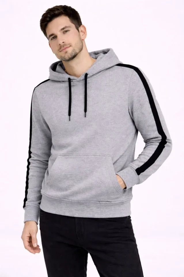 Erkek Şeritli Kapüşonlu Sweatshirt Oversize 3 Iplik Pamuklu - Gri (181348)