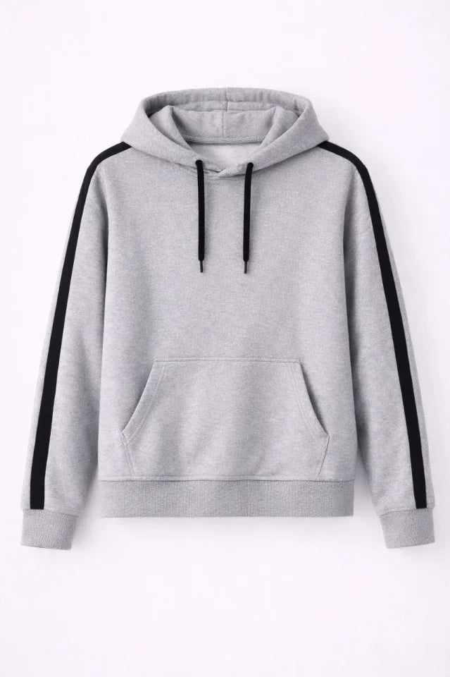 Erkek Şeritli Kapüşonlu Sweatshirt Oversize 3 Iplik Pamuklu - Gri (181348)