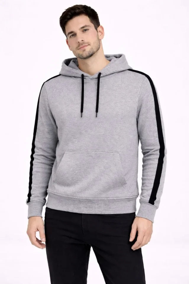 Erkek Şeritli Kapüşonlu Sweatshirt Oversize 3 Iplik Pamuklu - Gri (181348)