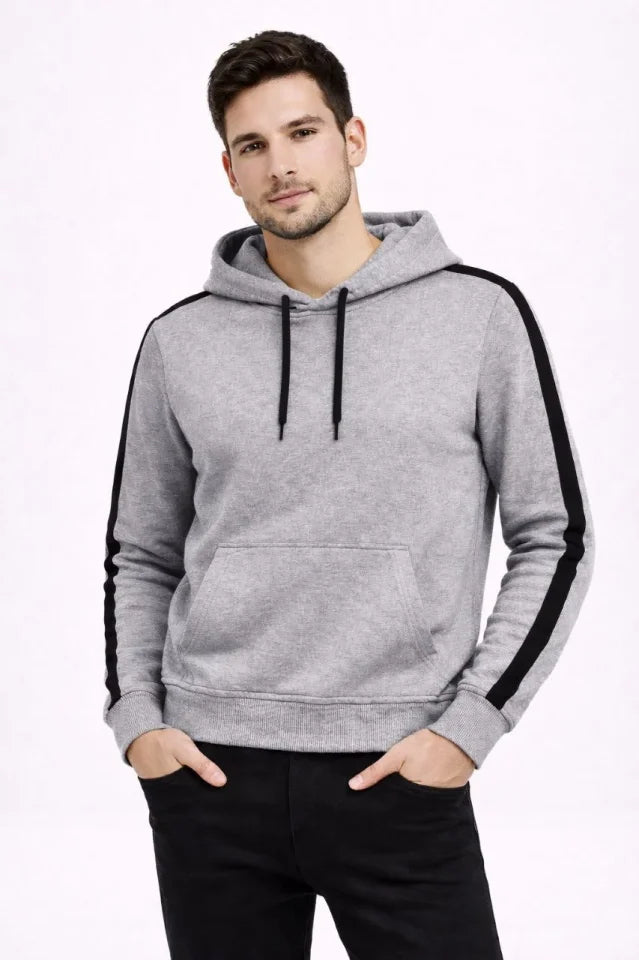 Erkek Şeritli Kapüşonlu Sweatshirt Oversize 3 Iplik Pamuklu - Gri (181348)