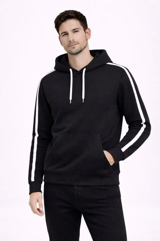 Erkek Şeritli Kapüşonlu Sweatshirt Oversize 3 Iplik Pamuklu - Siyah (181349)