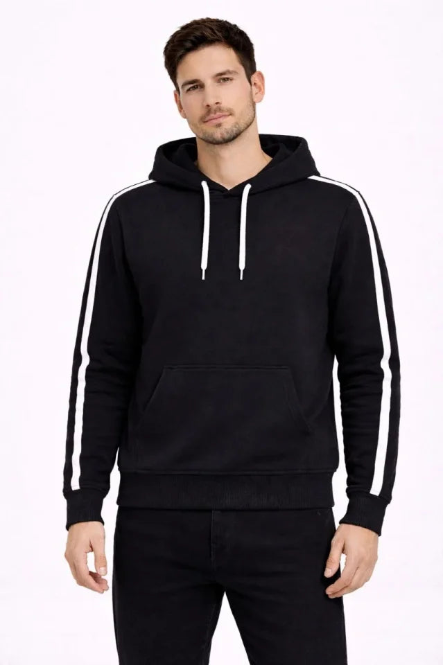 Erkek Şeritli Kapüşonlu Sweatshirt Oversize 3 Iplik Pamuklu - Siyah (181349)