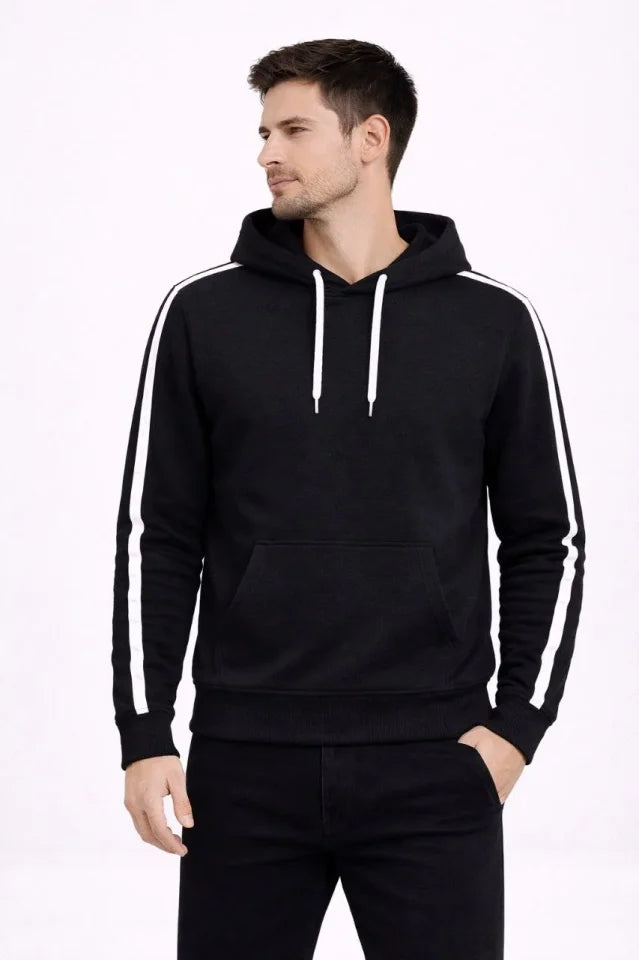 Erkek Şeritli Kapüşonlu Sweatshirt Oversize 3 Iplik Pamuklu - Siyah (181349)