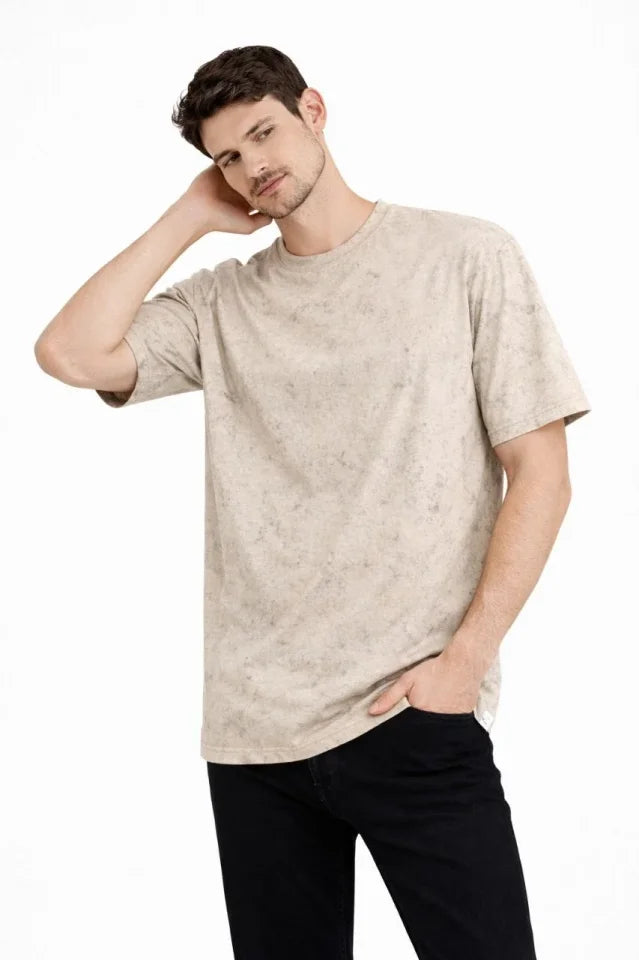 Erkek Asit Yıkama Bisiklet Yaka Kısa Kollu Oversize T-Shirt Tişört - Bej (181589)