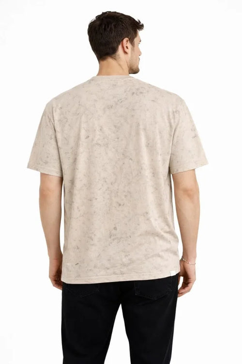 Erkek Asit Yıkama Bisiklet Yaka Kısa Kollu Oversize T-Shirt Tişört - Bej (181589)