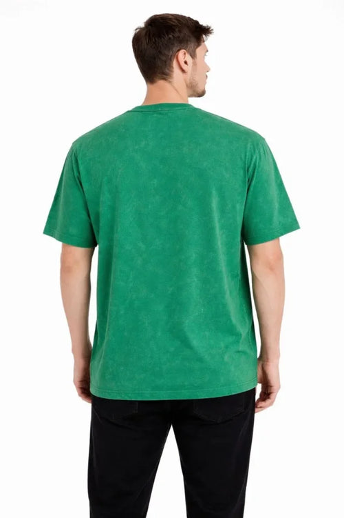 Erkek Asit Yıkama Bisiklet Yaka Kısa Kollu Oversize T-Shirt Tişört - Yeşil (181590)