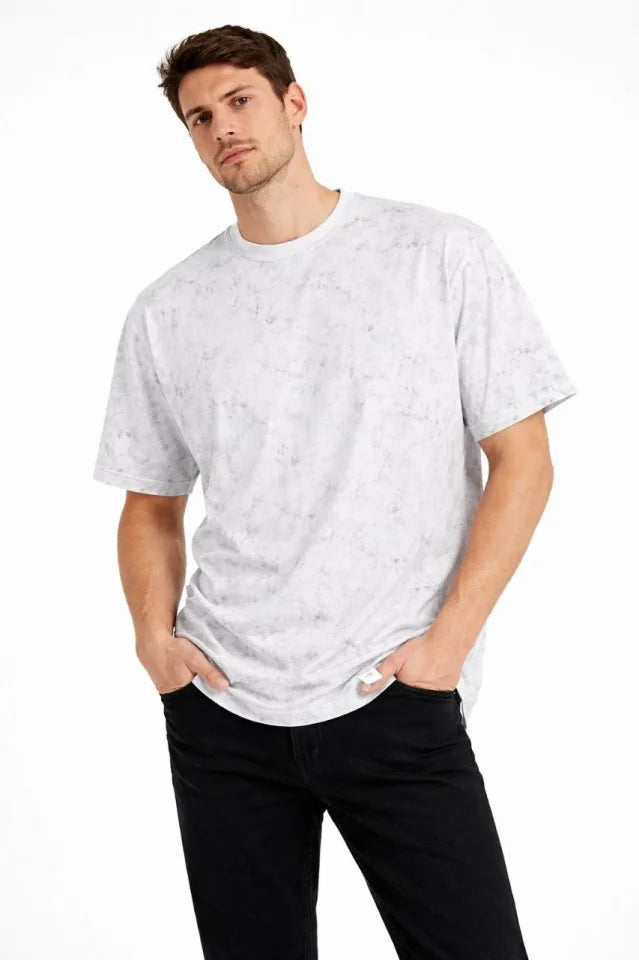 Erkek Asit Yıkama Bisiklet Yaka Kısa Kollu Oversize T-Shirt Tişört - Beyaz (181591)