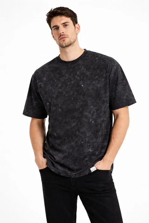 Erkek Asit Yıkama Bisiklet Yaka Kısa Kollu Oversize T-Shirt Tişört - Siyah (181592)