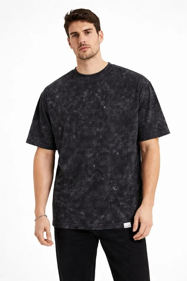Erkek Asit Yıkama Bisiklet Yaka Kısa Kollu Oversize T-Shirt Tişört - Siyah (181592)