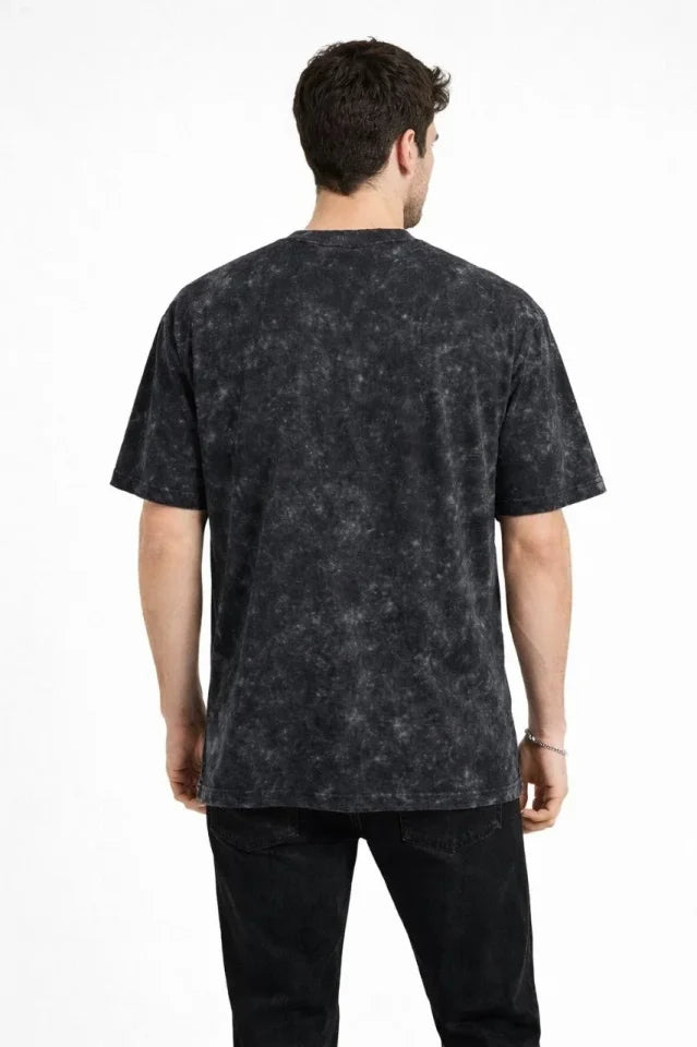Erkek Asit Yıkama Bisiklet Yaka Kısa Kollu Oversize T-Shirt Tişört - Siyah (181592)
