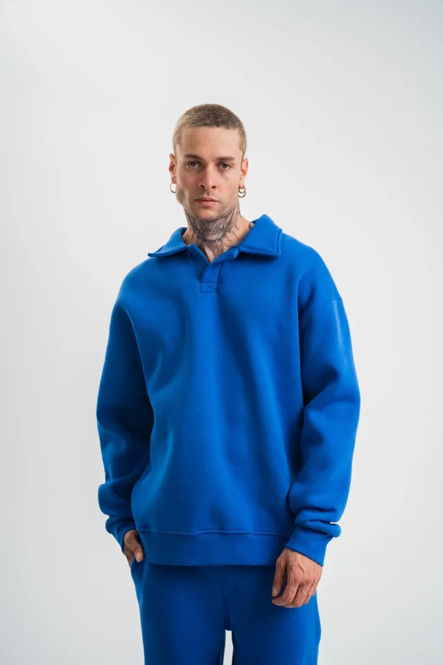 Erkek Patlı Yaka Üç İplik Pamuklu Sweatshirt Double Oversize Rahat Kalıp Günlük Kullanım - Mavi (181792)