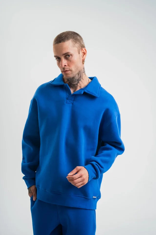 Erkek Patlı Yaka Üç İplik Pamuklu Sweatshirt Double Oversize Rahat Kalıp Günlük Kullanım - Mavi (181792)