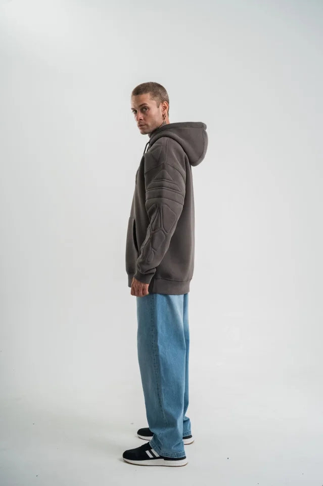 Erkek Nakış İşlemeli Kapşonlu Antrasit Sweatshirt Üç İplik Double Oversize- Füme (181794)