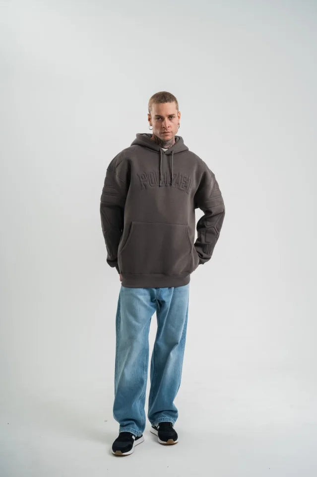 Erkek Nakış İşlemeli Kapşonlu Antrasit Sweatshirt Üç İplik Double Oversize- Füme (181794)