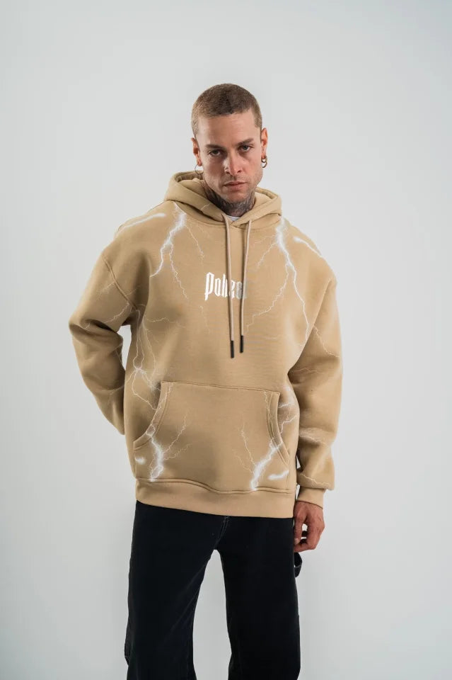 Erkek Şimşek Baskılı Kapşonlu Sweatshirt Üç İplik Pamuklu Kanguru Cepli Double Oversize Hoodie - Bej (181795)